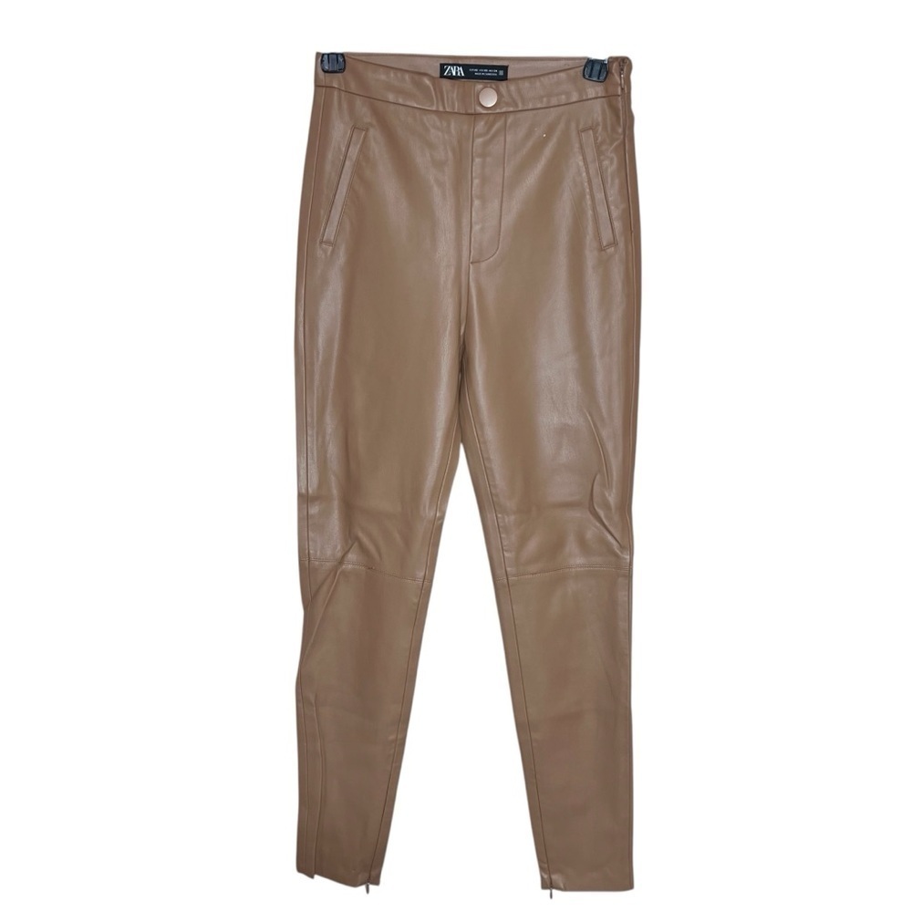 Zara Tan Brown Vegan Faux Leather Pants Leggings Ankle Zipper High Rise Size XS